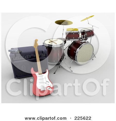 Royalty-Free (RF) Clipart Illustration of a 3d Guitar Against A Speaker By Drums by KJ Pargeter