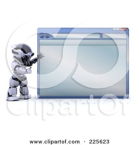 Royalty-Free (RF) Clipart Illustration of a 3d Robot Standing And Presenting A Blank Internet Browser by KJ Pargeter