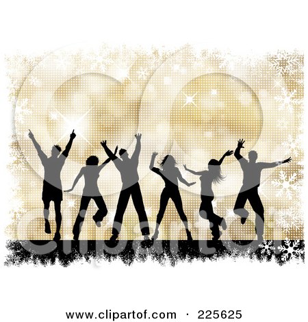 Royalty-Free (RF) Clipart Illustration of Silhouetted Dancing People Over A Gold Halftone Christmas Background With Grunge And Snowflakes by KJ Pargeter