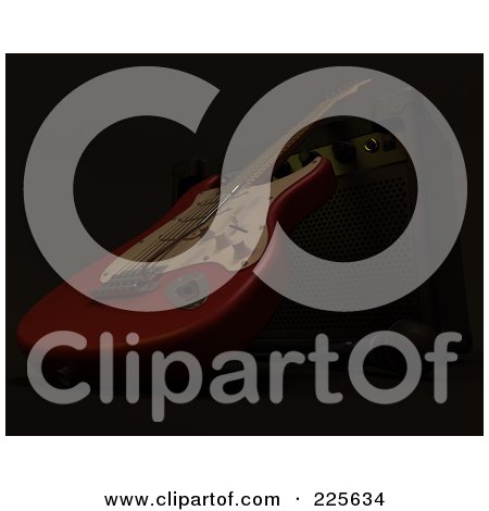 Royalty-Free (RF) Clipart Illustration of a 3d Red And White Electric Guitar In Dark Lighting by KJ Pargeter