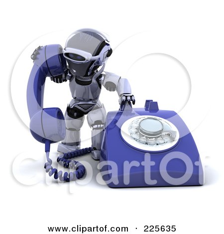 Royalty-Free (RF) Clipart Illustration of a 3d Robot Dialing A Large Desk Phone by KJ Pargeter