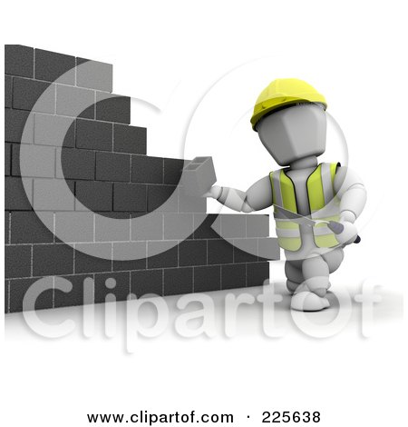 Royalty-Free (RF) Clipart Illustration of a 3d White Character Building A Wall With Cinder Blocks by KJ Pargeter