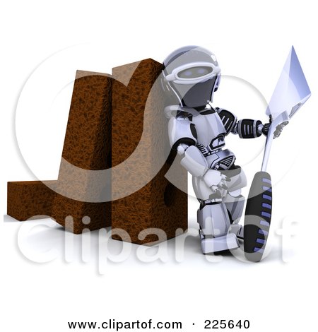 Royalty-Free (RF) Clipart Illustration of a 3d Robot Holding A Trowel And Leaning Against Bricks by KJ Pargeter