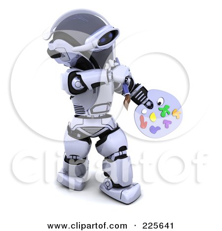 Royalty-Free (RF) Clipart Illustration of a 3d Robot Holding A Paint Palette by KJ Pargeter