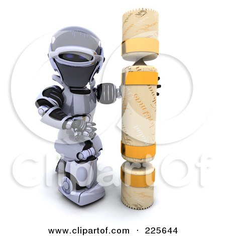 Royalty-Free (RF) Clipart Illustration of a 3d Robot Standing With A Christmas Cracker by KJ Pargeter