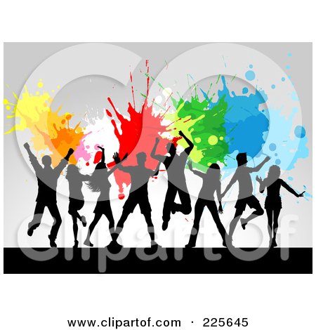 Royalty-Free (RF) Clipart Illustration of a Silhouetted Adults Jumping Against A Gray Background With Colorful Splatters by KJ Pargeter