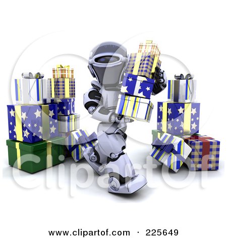 Royalty-Free (RF) Clipart Illustration of a 3d Robot Moving Stacks Of Christmas Gifts by KJ Pargeter
