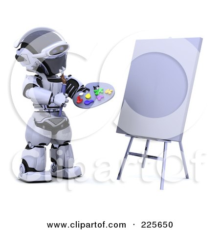 Royalty-Free (RF) Clipart Illustration of a 3d Robot Holding A Paint Palette And Gazing At A Blank Canvas by KJ Pargeter
