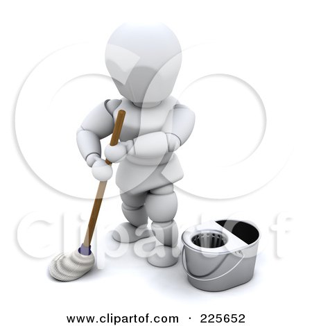 Royalty-Free (RF) Clipart Illustration of a 3d White Character Using A Mop And Standing By A Bucket by KJ Pargeter