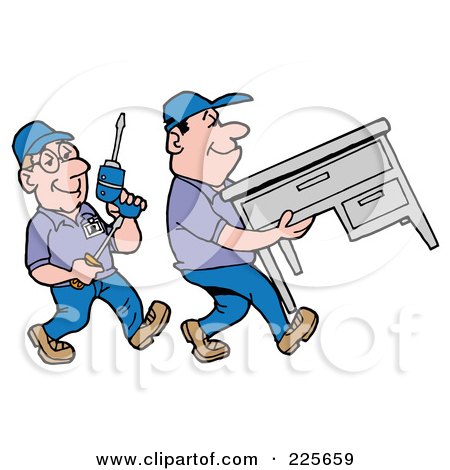 Royalty-Free (RF) Clipart Illustration of a Pair Of Office Furniture Movers Moving A Desk by LaffToon