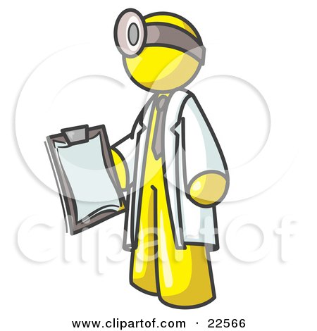 Clipart Illustration of a Yellow Male Doctor Holding a Clipboard And Wearing a Head Lamp by Leo Blanchette