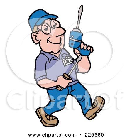 Royalty-Free (RF) Clipart Illustration of a Technician Walking And Carrying Tools by LaffToon