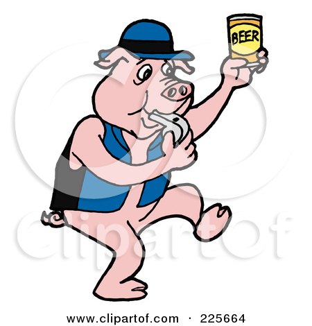 Royalty-Free (RF) Clipart Illustration of a Pig Blowing A Whistle And Holding Up A Can Of Beer by LaffToon