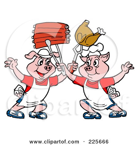 Royalty-Free (RF) Clipart Illustration of a Two Chef Pigs Holding Up Ribs And Chicken by LaffToon