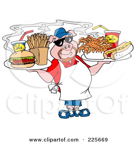 Royalty-Free (RF) Clipart Illustration of a Chubby Chef Pig Holding Trays Of Food by LaffToon