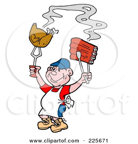 Royalty-Free (RF) Clipart Illustration of a Proud Male Cook Holding Up Poultry And Bbq Ribs by LaffToon