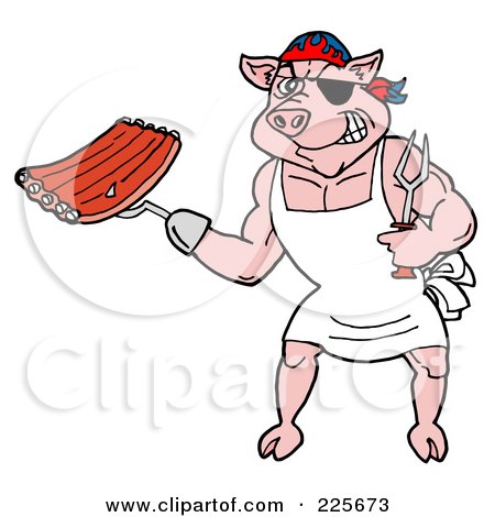 Royalty-Free (RF) Clipart Illustration of a Pirate Pig Chef Holding Ribs With A Hook Hand by LaffToon