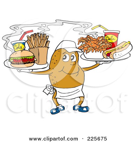 Royalty-Free (RF) Clipart Illustration of a Spud Carrying Trays Of Fast Food by LaffToon