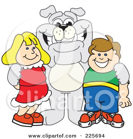 Royalty-Free (RF) Clipart Illustration of a Gray Bulldog Mascot Standing With School Children by Mascot Junction