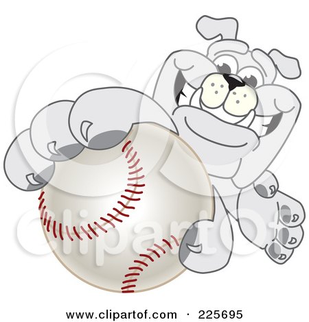 Royalty-Free (RF) Clipart Illustration of a Gray Bulldog Mascot Reaching Up And Grabbing A Baseball by Mascot Junction