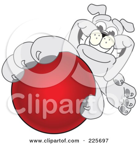 Royalty-Free (RF) Clipart Illustration of a Gray Bulldog Mascot Reaching Up And Grabbing A Red Ball by Mascot Junction