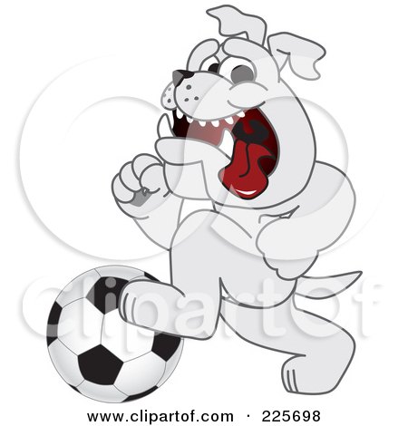 Royalty-Free (RF) Clipart Illustration of a Gray Bulldog Mascot Running With A Soccer Ball by Mascot Junction