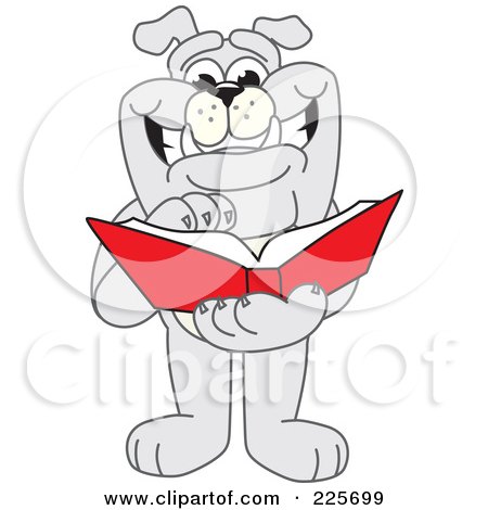 Royalty-Free (RF) Clipart Illustration of a Gray Bulldog Mascot Thumbing Through A Book by Mascot Junction