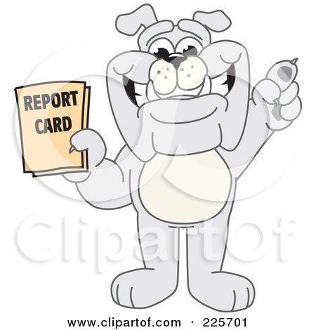 Royalty-Free (RF) Clipart Illustration of a Gray Bulldog Mascot Holding A Report Card by Mascot Junction