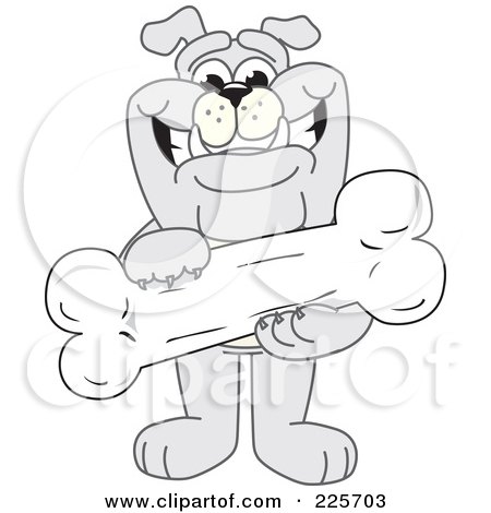Royalty-Free (RF) Clipart Illustration of a Gray Bulldog Mascot Standing And Holding A Large Bone by Mascot Junction
