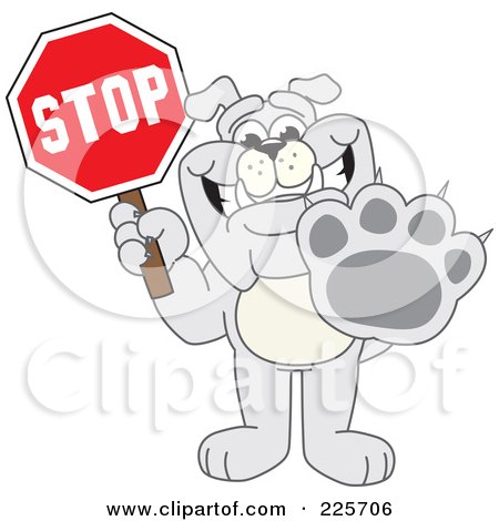 Royalty-Free (RF) Clipart Illustration of a Gray Bulldog Mascot Holding A Stop Sign by Mascot Junction