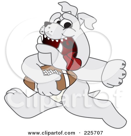 Royalty-Free (RF) Clipart Illustration of a Gray Bulldog Mascot Running With A Football by Mascot Junction