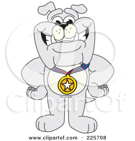 Royalty-Free (RF) Clipart Illustration of a Gray Bulldog Mascot Wearing A Medal by Mascot Junction