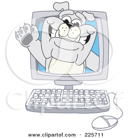 Royalty-Free (RF) Clipart Illustration of a Gray Bulldog Mascot Waving From A Computer by Mascot Junction
