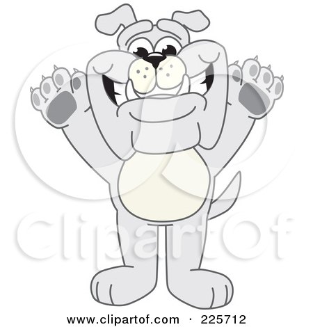 Royalty-Free (RF) Clipart Illustration of a Gray Bulldog Mascot Standing With His Paws In The Air by Mascot Junction