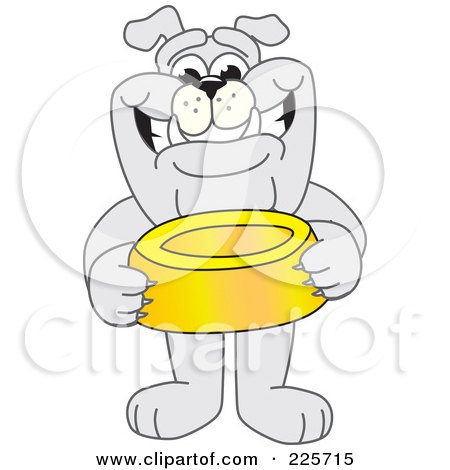 Royalty-Free (RF) Clipart Illustration of a Gray Bulldog Mascot Standing And Holding A Dish by Mascot Junction