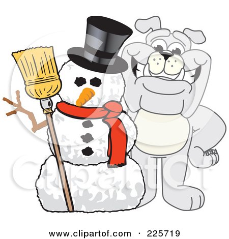 Royalty-Free (RF) Clipart Illustration of a Gray Bulldog Mascot With A Christmas Snowman by Mascot Junction