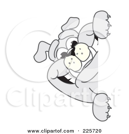 Royalty-Free (RF) Clipart Illustration of a Gray Bulldog Mascot Smiling Around A Blank Sign by Mascot Junction