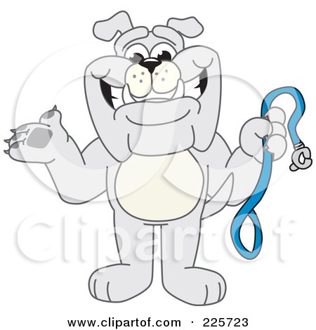 Royalty-Free (RF) Clipart Illustration of a Gray Bulldog Mascot Standing And Holding A Leash by Mascot Junction