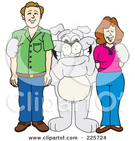 Royalty-Free (RF) Clipart Illustration of a Gray Bulldog Mascot Standing With Adults by Mascot Junction