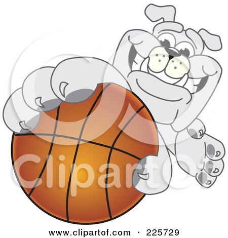 Royalty-Free (RF) Clipart Illustration of a Gray Bulldog Mascot Reaching Up And Grabbing A Basketball by Mascot Junction