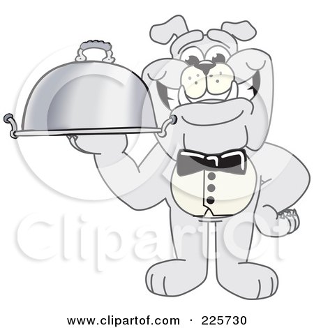 Royalty-Free (RF) Clipart Illustration of a Gray Bulldog Mascot Waiter Serving A Platter by Mascot Junction