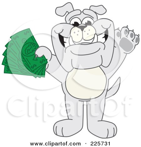 Royalty-Free (RF) Clipart Illustration of a Gray Bulldog Mascot Standing And Holding Cash by Toons4Biz