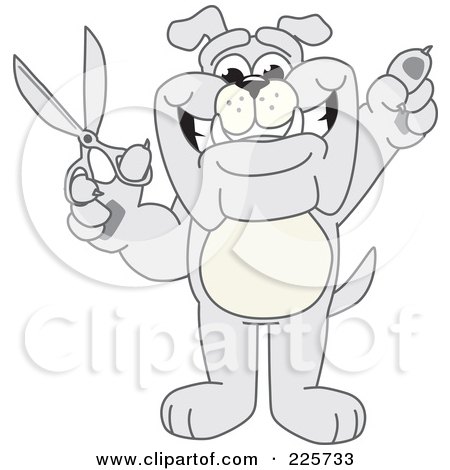 Royalty-Free (RF) Clipart Illustration of a Gray Bulldog Mascot Standing And Holding Up Scissors by Toons4Biz