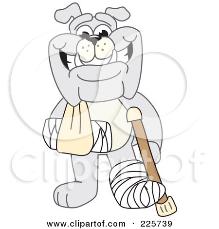 Royalty-Free (RF) Clipart Illustration of a Gray Bulldog Mascot With A Crutch, Sling And Cast by Toons4Biz