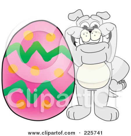 Royalty-Free (RF) Clipart Illustration of a Gray Bulldog Mascot With A Giant Easter Egg by Mascot Junction