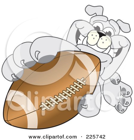 Royalty-Free (RF) Clipart Illustration of a Gray Bulldog Mascot Reaching Up And Grabbing An American Football by Toons4Biz