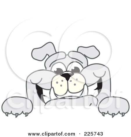 Royalty-Free (RF) Clipart Illustration of a Gray Bulldog Mascot Smiling Over A Blank Sign by Mascot Junction