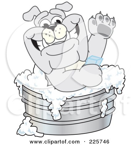 Royalty-Free (RF) Clipart Illustration of a Gray Bulldog Mascot Bathing In A Metal Tub by Toons4Biz