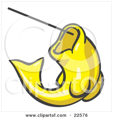 Clipart Illustration of a Yellow Fish Jumping Up And Biting A Hook On A Fishing Line by Leo Blanchette