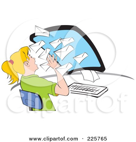 Royalty-Free (RF) Clipart Illustration of Emails Flying Out Of A Computer Into A Woman's Face by David Rey